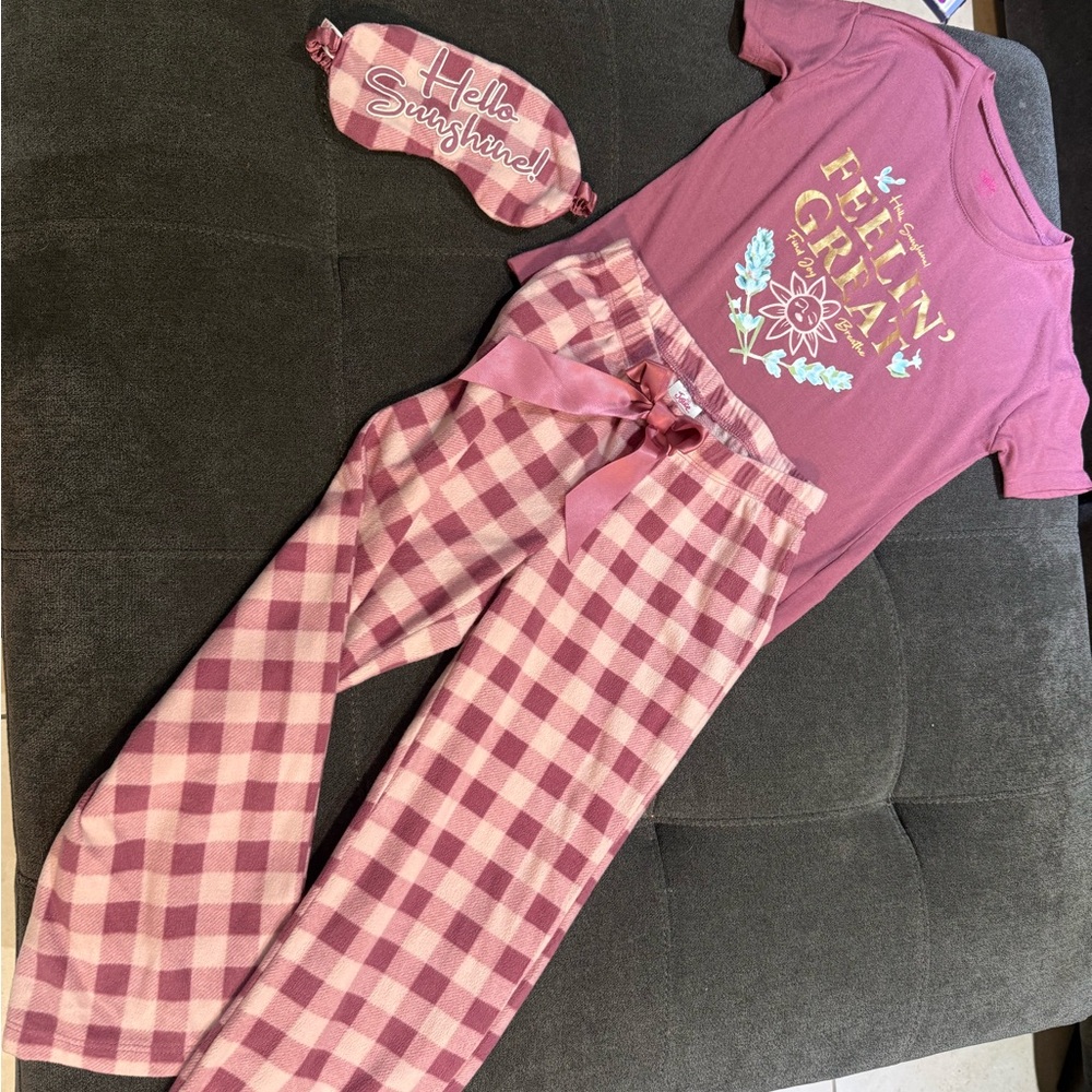 Justice Pink Checkered Pajama Set with Eye Mask